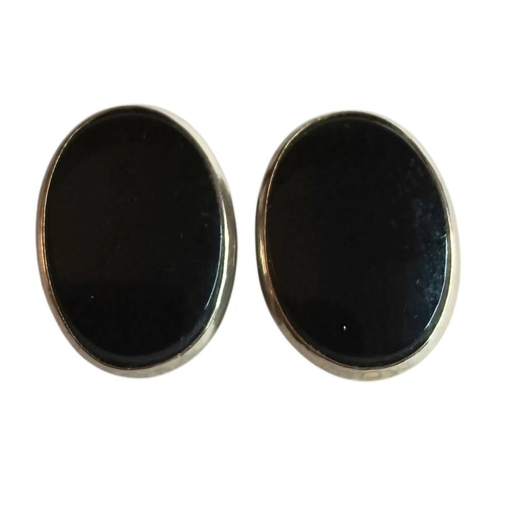 Vintage Oval Black and Silvertone Clip On Stud Earrings 80s 90s Style 1" x .75"